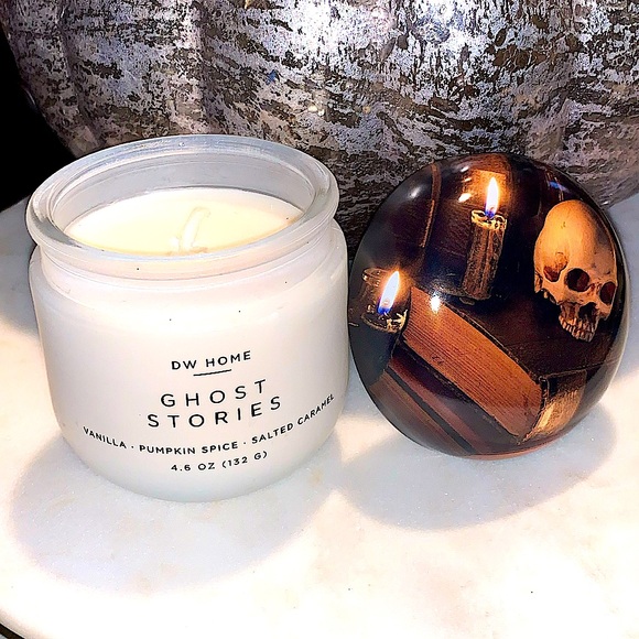 DW HOME CANDLE GHOST STORIES PUMPKIN CARMEL SKULL HEAD 1 WICK NEW 4.5 oz MINI - Picture 4 of 6